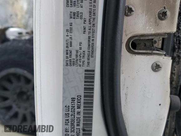 2020 Ram 3500 Laramie with VIN 3C63R3EL2LG241749, listed as a Copart auction lot 43317665 with 0 mi miles and Salvage Title. Bid and sale history available at carsss.com. Image 12.