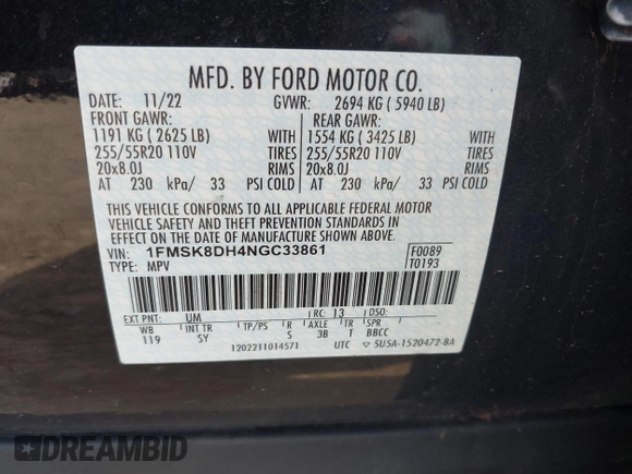 2022 Ford Explorer XLT с VIN 1FMSK8DH4NGC33861, выставлен на аукционе IAAI как лот 42135207 с пробегом 50 106 миль миль и . История ставок и продаж доступна на DreamBid. Изображение 9.