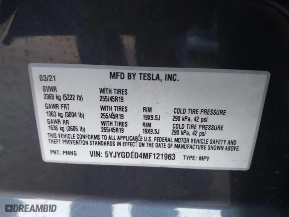 2021 Tesla Model Y Standard Range with VIN 5YJYGDED4MF121963, listed as a IAAI auction lot 41490477 with 41,941 mi miles. Bid and sale history available at carsss.com. Image 9.