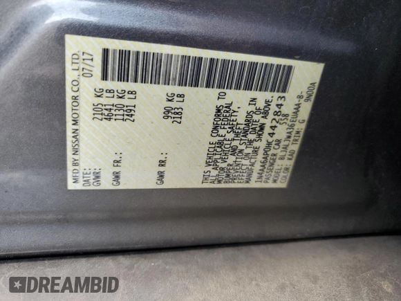 2017 Nissan Maxima Platinum with VIN 1N4AA6AP0HC442843, listed as a Copart auction lot 63185875 with 108,947 mi miles and Salvage title. Bid and sale history available at DreamBid. Image 12.