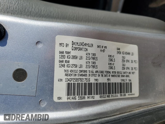 2007 Dodge Caravan SE z VIN 1D4GP25B97B217516, wystawiony jako Copart lot #44256505 z przebiegiem 213 859 mil mil oraz Szkoda całkowita • Salvage title. Historia ofert i sprzedaży dostępna na DreamBid. Obrazek 15.