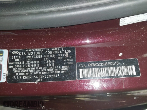2017 Kia Sedona EX with VIN KNDMC5C1XH6292548, listed as a IAAI auction lot 41326653 with 121,491 mi miles. Bid and sale history available at carsss.com. Image 9.