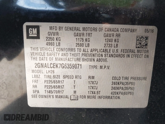 2016 Chevrolet Equinox LT with VIN 2GNALCEK7G6359071, listed as a IAAI auction lot 41531273 with 159,292 mi miles. Bid and sale history available at carsss.com. Image 9.