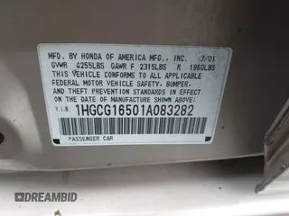 2001 Honda Accord EX с VIN 1HGCG16501A083282, выставлен на аукционе IAAI как лот 42362737 с пробегом Не указан миль и . История ставок и продаж доступна на DreamBid. Изображение 9.