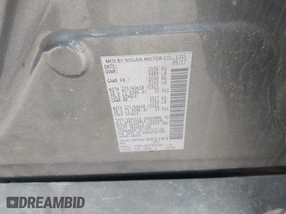 2017 Nissan Rogue SV with VIN 5N1AT2MT0HC889383, listed as a IAAI auction lot 42073498 with 319,134 mi miles and . Bid and sale history available at DreamBid. Image 9.
