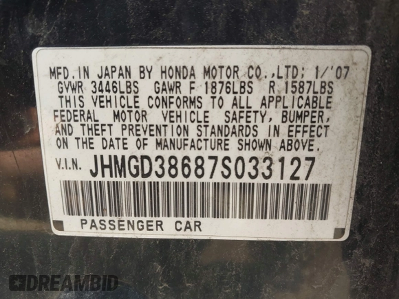 2007 Honda Fit Sport with VIN JHMGD38687S033127, listed as a IAAI auction lot 42722884 with 174,818 mi miles and . Bid and sale history available at DreamBid. Image 9.