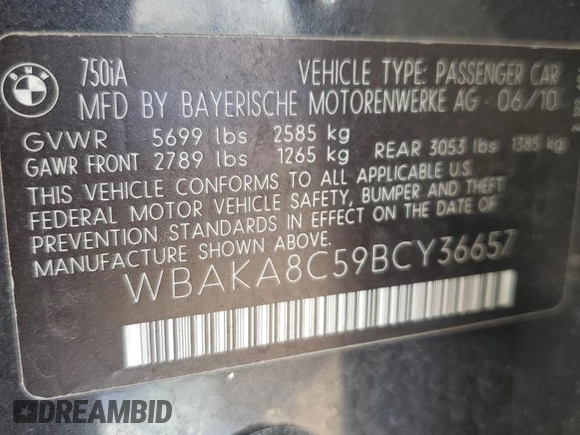 2011 BMW 7 Series 750i with VIN WBAKA8C59BCY36657, listed as a Copart auction lot 61484925 with 174,605 mi miles and Salvage title. Bid and sale history available at DreamBid. Image 12.