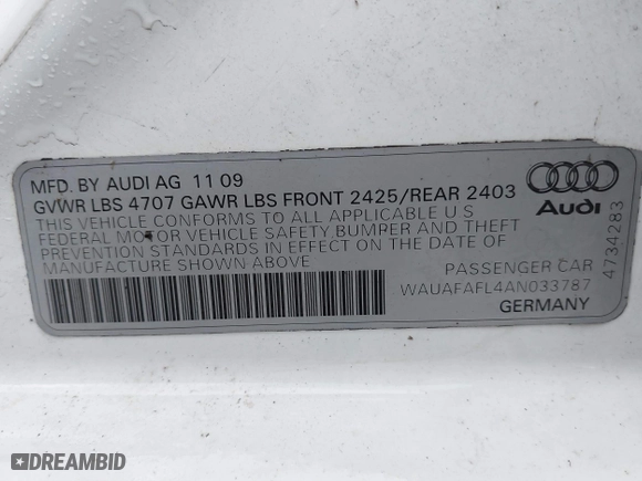 2010 Audi A4 2.0T Premium with VIN WAUAFAFL4AN033787, listed as a IAAI auction lot 41521166 with 147,082 mi miles. Bid and sale history available at carsss.com. Image 9.