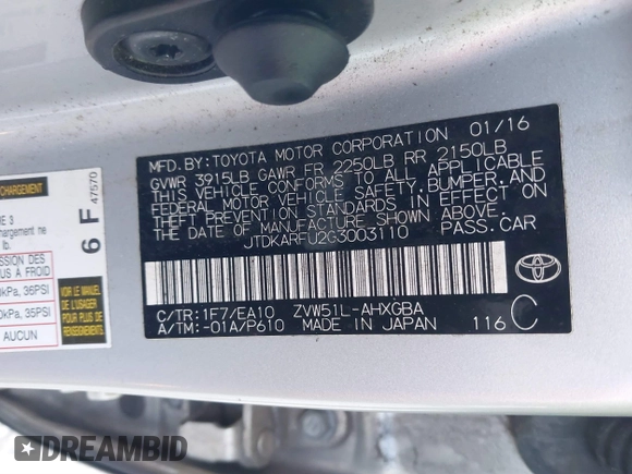 2016 Toyota Prius Four with VIN JTDKARFU2G3003110, listed as a IAAI auction lot 41730564 with 100,042 mi miles. Bid and sale history available at carsss.com. Image 9.