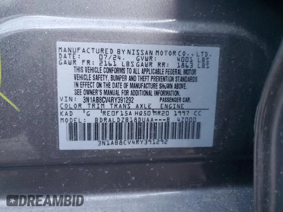 2024 Nissan Sentra SV z VIN 3N1AB8CV4RY391292, wystawiony jako Copart lot #43039145 z przebiegiem Nie podano mil oraz Nie do naprawy • Non repairable. Historia ofert i sprzedaży dostępna na DreamBid. Obrazek 12.