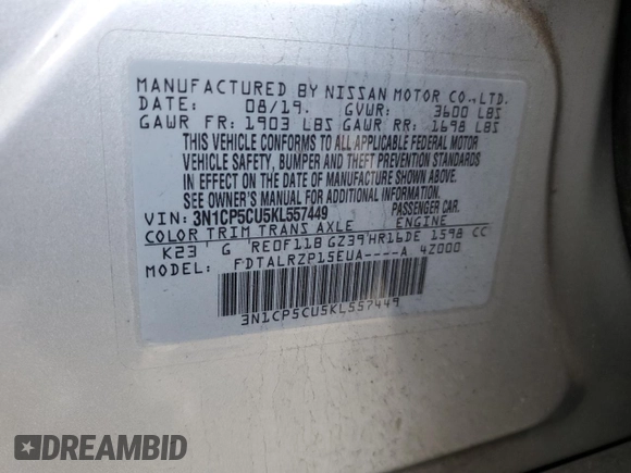 2019 Nissan Kicks SV with VIN 3N1CP5CU5KL557449, listed as a Copart auction lot 48081895 with 0 mi miles and Salvage Title. Bid and sale history available at carsss.com. Image 12.