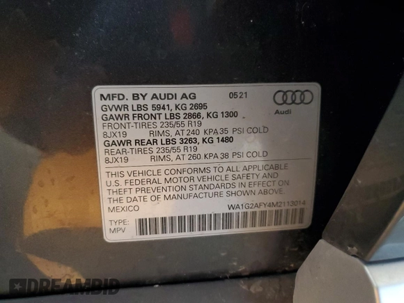 2021 Audi Q5 Premium z VIN WA1G2AFY4M2113014, wystawiony jako Copart lot #83477714 z przebiegiem 36 816 mil mil oraz Szkoda całkowita • Salvage title. Historia ofert i sprzedaży dostępna na DreamBid. Obrazek 13.