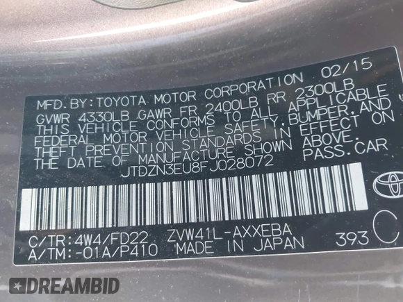 2015 Toyota Prius Two with VIN JTDZN3EU8FJ028072, listed as a IAAI auction lot 39747470 with 62,979 mi miles and . Bid and sale history available at DreamBid. Image 9.