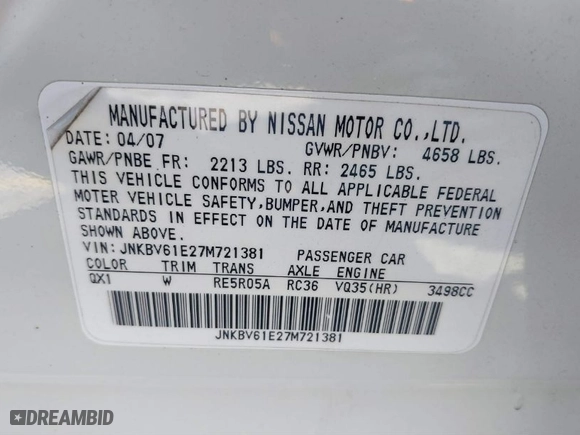 2007 Infiniti G35 Sedan Sport with VIN JNKBV61E27M721381, listed as a IAAI auction lot 41758964 with 143,049 mi miles. Bid and sale history available at carsss.com. Image 9.