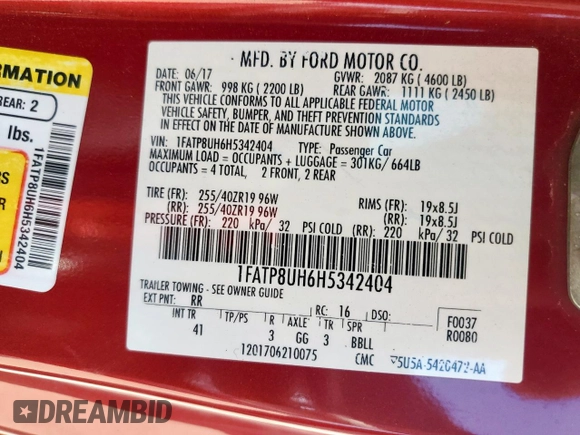 2017 Ford Mustang EcoBoost Premium with VIN 1FATP8UH6H5342404, listed as a Copart auction lot 58248565 with 58,858 mi miles and Salvage title. Bid and sale history available at DreamBid. Image 13.