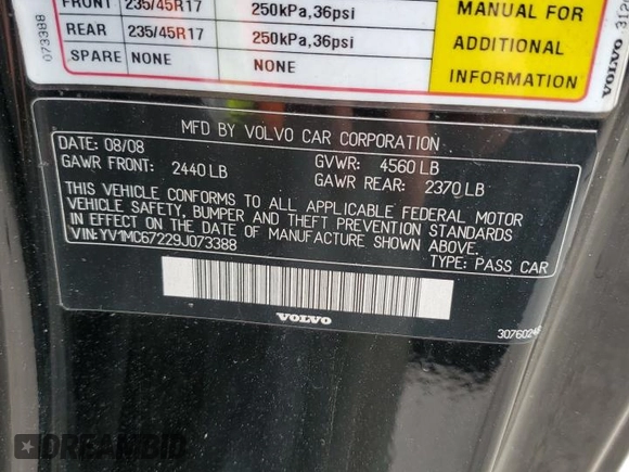 2009 Volvo C70 with VIN YV1MC67229J073388, listed as a Copart auction lot 46733025 with 77,580 mi miles and Clean Title. Bid and sale history available at carsss.com. Image 12.