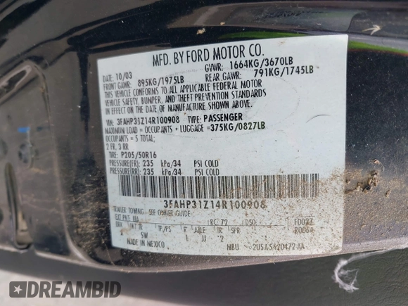 2004 Ford Focus with VIN 3FAHP31Z14R100908, listed as a IAAI auction lot 41894724 with 221,016 mi miles and . Bid and sale history available at DreamBid. Image 9.