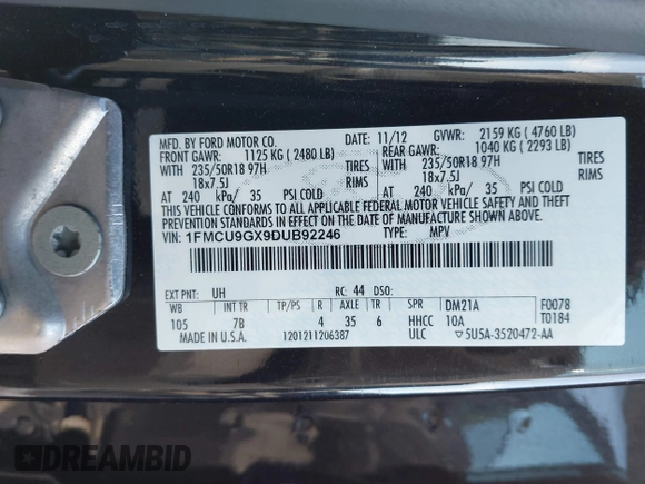 2013 Ford Escape SE with VIN 1FMCU9GX9DUB92246, listed as a IAAI auction lot 41808372 with 73,472 mi miles. Bid and sale history available at carsss.com. Image 9.