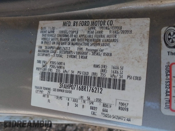 2008 Ford Fusion SE with VIN 3FAHP07168R176212, listed as a IAAI auction lot 42038714 with 240,649 mi miles and . Bid and sale history available at DreamBid. Image 9.