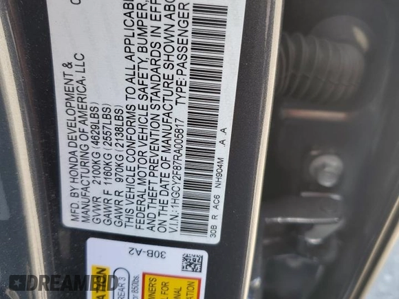 2024 Honda Accord Touring with VIN 1HGCY2F87RA005817, listed as a Copart auction lot 59211165 with 28,355 mi miles and Salvage title. Bid and sale history available at DreamBid. Image 12.
