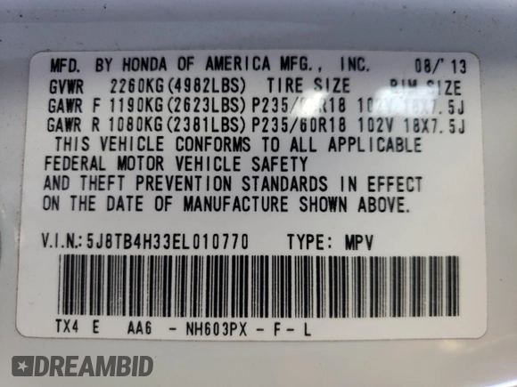 2014 Acura RDX with VIN 5J8TB4H33EL010770, listed as a Copart auction lot 42875135 with Not Provided miles and Salvage Title. Bid and sale history available at DreamBid. Image 14.