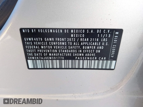 2014 Volkswagen Jetta S with VIN 3VW2K7AJ0EM391770, listed as a IAAI auction lot 42677433 with 200,032 mi miles and . Bid and sale history available at DreamBid. Image 9.