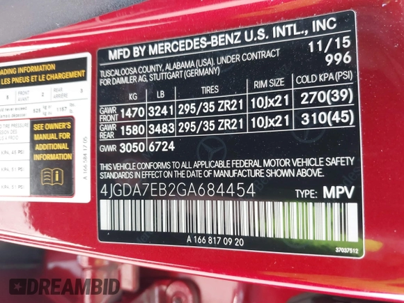2016 Mercedes-Benz M 63 AMG with VIN 4JGDA7EB2GA684454, listed as a IAAI auction lot 41503290 with 87,054 mi miles and . Bid and sale history available at carsss.com. Image 9.
