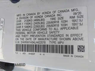 2020 Honda CR-V EX with VIN 2HKRW1H54LH422078, listed as a IAAI auction lot 41865889 with 34,513 mi miles and . Bid and sale history available at carsss.com. Image 9.