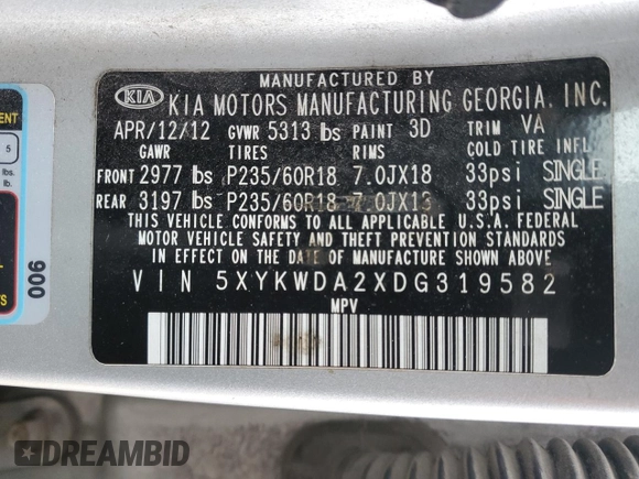 2013 Kia Sorento SX with VIN 5XYKWDA2XDG319582, listed as a Copart auction lot 89189065 with 200,976 mi miles and Salvage Title. Bid and sale history available at carsss.com. Image 13.