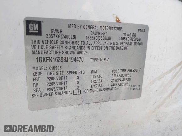 2008 GMC Yukon XL SLT 4SB z VIN 1GKFK16398J194470, wystawiony jako IAAI lot #41506702 z przebiegiem 206 147 mil mil oraz . Historia ofert i sprzedaży dostępna na DreamBid. Obrazek 9.