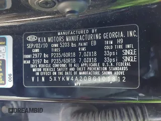2011 Kia Sorento SX with VIN 5XYKW4A20BG101812, listed as a IAAI auction lot 41971961 with 84,469 mi miles. Bid and sale history available at carsss.com. Image 9.