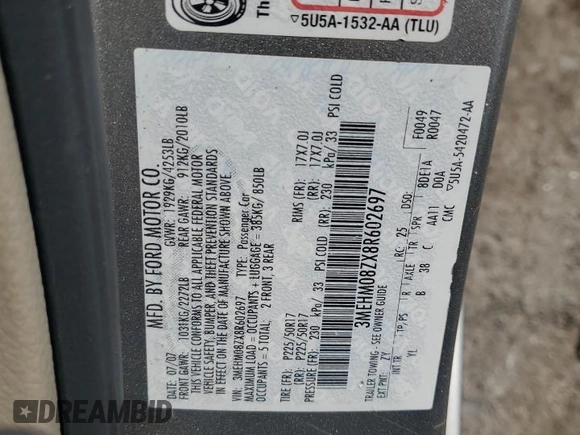 2008 Mercury Milan Premier z VIN 3MEHM08ZX8R602697, wystawiony jako Copart lot #59638485 z przebiegiem 109 489 mil mil oraz Szkoda całkowita • Salvage title. Historia ofert i sprzedaży dostępna na DreamBid. Obrazek 12.
