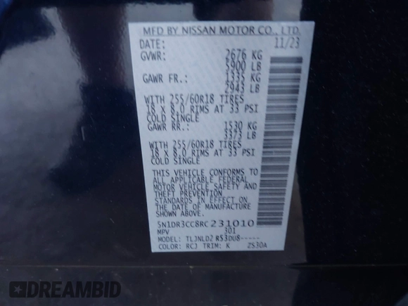 2024 Nissan Pathfinder SL с VIN 5N1DR3CC8RC231010, выставлен на аукционе IAAI как лот 42560095 с пробегом 8 076 миль миль и . История ставок и продаж доступна на DreamBid. Изображение 9.