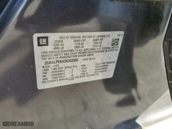 2013 Chevrolet Equinox LT with VIN 2GNALPEKXD6383982, listed as a Copart auction lot 43352865 with 189,150 mi miles and Salvage Title. Bid and sale history available at carsss.com. Image 13.