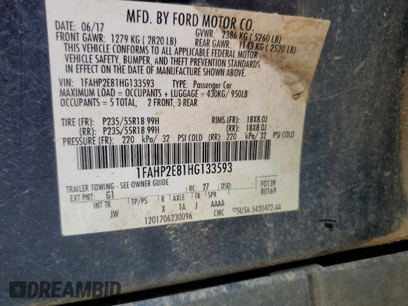 2017 Ford Taurus SEL with VIN 1FAHP2E81HG133593, listed as a Copart auction lot 51595035 with 255,567 mi miles and Salvage Title. Bid and sale history available at DreamBid. Image 12.