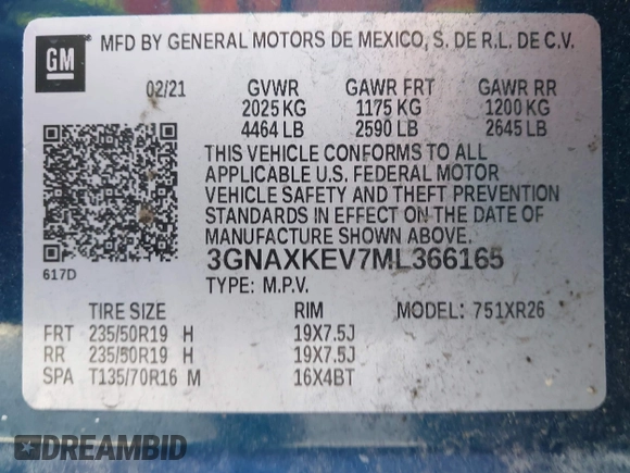 2021 Chevrolet Equinox LT with VIN 3GNAXKEV7ML366165, listed as a IAAI auction lot 41653297 with 66,671 mi miles. Bid and sale history available at carsss.com. Image 9.