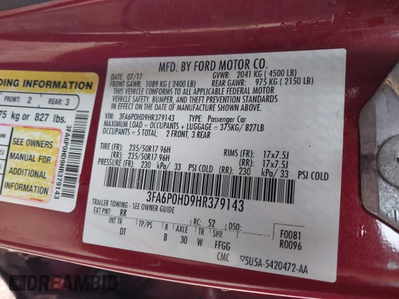 2017 Ford Fusion SE with VIN 3FA6P0HD9HR379143, listed as a IAAI auction lot 41567811 with 137,233 mi miles. Bid and sale history available at carsss.com. Image 9.
