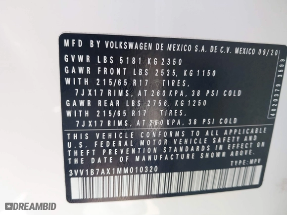 2021 Volkswagen Tiguan S with VIN 3VV1B7AX1MM010320, listed as a IAAI auction lot 41851472 with 45,526 mi miles. Bid and sale history available at carsss.com. Image 9.
