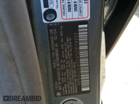 2005 BMW 7 Series with VIN WBAGL63545DP74927, listed as a Copart auction lot 58099475 with 81,387 mi miles and Clean title. Bid and sale history available at DreamBid. Image 12.
