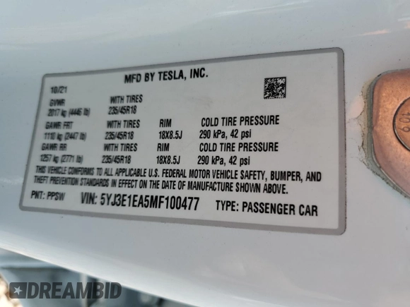 2021 Tesla Model 3 Standard Range Plus with VIN 5YJ3E1EA5MF100477, listed as a Copart auction lot 51516425 with 41,484 mi miles and Salvage Title. Bid and sale history available at carsss.com. Image 14.