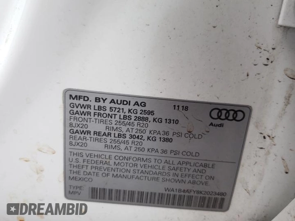 2019 Audi SQ5 Premium Plus with VIN WA1B4AFY8K2023480, listed as a Copart auction lot 52911634 with 73,433 mi miles and Salvage Title. Bid and sale history available at DreamBid. Image 12.