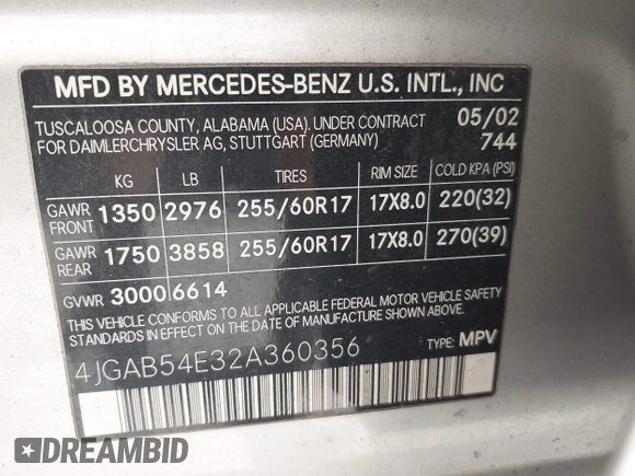 2002 Mercedes-Benz M 320/430/500 z VIN 4JGAB54E32A360356, wystawiony jako IAAI lot #40540769 z przebiegiem 235 810 mil mil oraz . Historia ofert i sprzedaży dostępna na DreamBid. Obrazek 9.