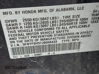 2018 Honda Pilot EX-L with VIN 5FNYF6H57JB046433, listed as a IAAI auction lot 42296714 with Not provided miles and . Bid and sale history available at DreamBid. Image 9.