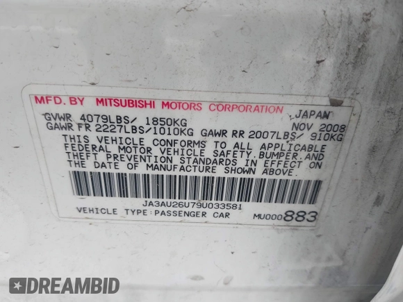 2009 Mitsubishi Lancer ES with VIN JA3AU26U79U033581, listed as a IAAI auction lot 42248345 with 169,512 mi miles and . Bid and sale history available at DreamBid. Image 9.