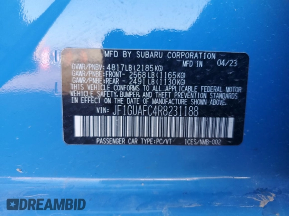 2024 Subaru Impreza Sport with VIN JF1GUAFC4R8231188, listed as a Copart auction lot 74211844 with 14,017 mi miles and Salvage Title. Bid and sale history available at carsss.com. Image 12.