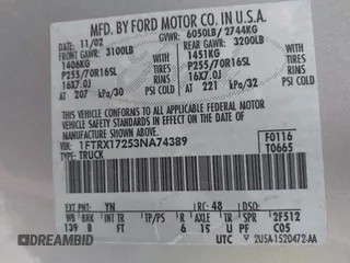 2003 Ford F-150 XL with VIN 1FTRX17253NA74389, listed as a IAAI auction lot 42072045 with 166,572 mi miles. Bid and sale history available at carsss.com. Image 9.
