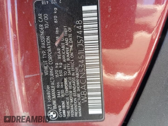 2001 BMW Z3 3.0 with VIN WBACN53451LJ57448, listed as a Copart auction lot 53982215 with 121,721 mi miles and Salvage title. Bid and sale history available at DreamBid. Image 13.