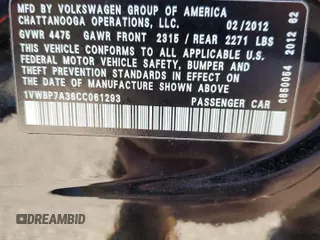 2012 Volkswagen Passat SE with VIN 1VWBP7A36CC061293, listed as a Copart auction lot 88065715 with 100,640 mi miles and Salvage Title. Bid and sale history available at carsss.com. Image 12.