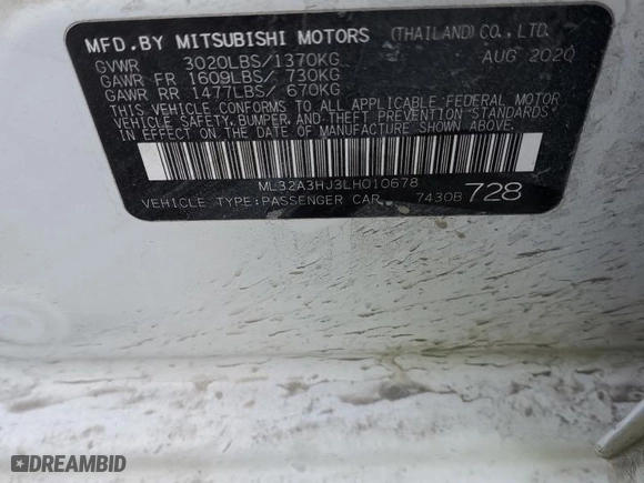 2020 Mitsubishi Mirage ES with VIN ML32A3HJ3LH010678, listed as a Copart auction lot 43037805 with 35,000 mi miles and Salvage Title. Bid and sale history available at carsss.com. Image 12.
