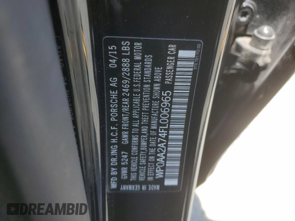 2015 Porsche Panamera 4 with VIN WP0AA2A74FL006965, listed as a Copart auction lot 59812145 with 191,851 mi miles and Clean title. Bid and sale history available at DreamBid. Image 12.